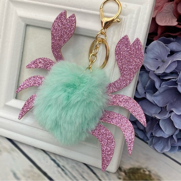 Blue Crab Pom Pom with Pink Glitter Claws Keychain Charm - Picture 3 of 12